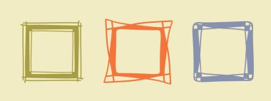 Kare karalama pulu çerçeveleri, el yapımı dalgalı kıvrımlı monogramlar. Kenarları ve kadroları basit karalamalı girdap tasarım elementleriyle. İzole edilmiş. Vektör