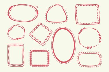 Dalgalı pul çerçeve seti, vektör el eğri kenarlar, soyut kıvrımlı boş dalgalı monogram kadrolar kiti. Minimalist karalamalar girdap tasarım elementleri. İzole edilmiş. Vektör