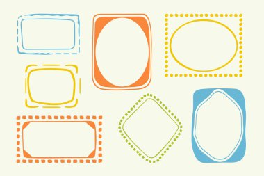 Dalgalı pul çerçeve seti, vektör el eğri kenarlar, soyut kıvrımlı boş dalgalı monogram kadrolar kiti. Minimalist karalamalar girdap tasarım elementleri. İzole edilmiş. Vektör