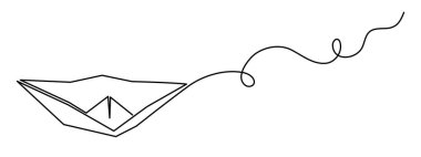 Kağıt tekne origamisi bir çizgi sanat, el çizimi gemi dalgalı su nehrinde sürekli olarak yelken açıyor. Modaya uygun deniz yatı seyahati minimalist çizgisel sembolün ana hatları. Düzenlenebilir felç. Vektör