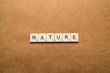 Londra, İngiltere - 24 Mayıs 2019: Doğa kelimesi kahverengi dokulu bir arka plan üzerinde ahşap harf karoları ile yazılmış