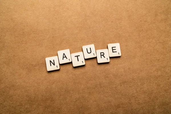 Londýn, Spojené království-Květen 24 2019: slovo Nature napsané s dlaždicemi na hnědém podkladě s dřevěnou listou — Stock fotografie