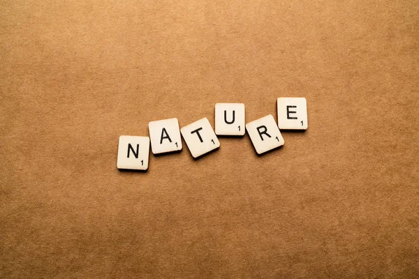 London, uk - 24. Mai 2019: das Wort natur mit hölzernen Buchstabenkacheln vor braunem strukturiertem Hintergrund — Stockfoto