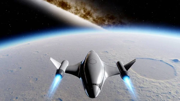 spaceship flies near exoplanet, spaceship near the planet, ufo, spaceship in space 3d render