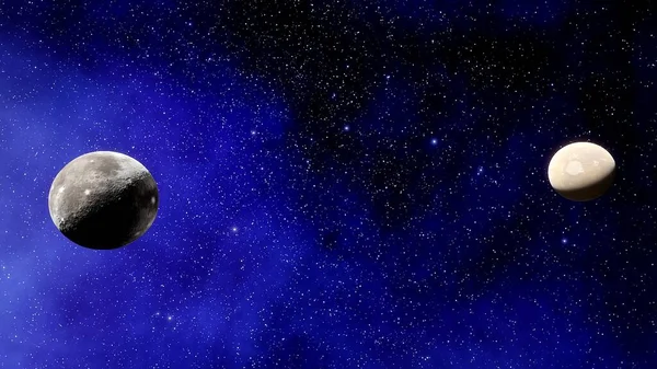 beautiful view of the exo planet in space and the surface against the background of stars and galaxies in bright colors, space fantasy, space background 3d render