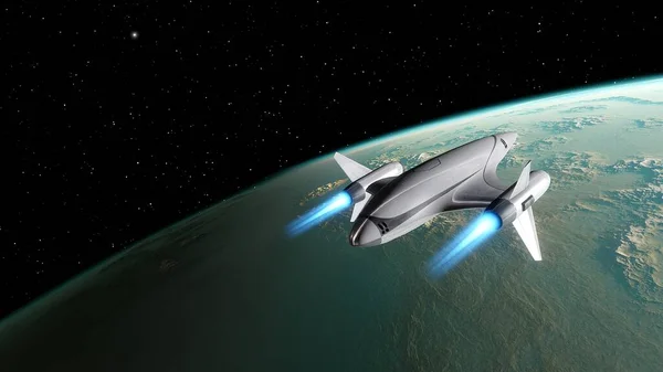 spaceship flies near exoplanet, spaceship of the future in space, ufo, spaceship in space 3d render