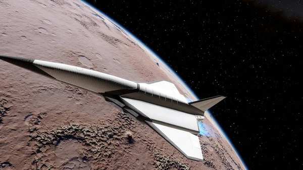 spaceship flies near exoplanet, spaceship of the future in space, ufo, spaceship in space 3d render