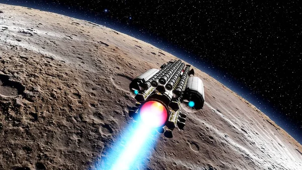 spaceship flies near exoplanet, spaceship near the planet, ufo, spaceship in space 3d render