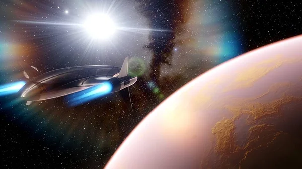 spaceship flies near exoplanet, spaceship near the planet, ufo, spaceship in space 3d render