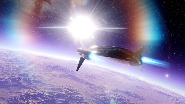 spaceship flies near exoplanet, spaceship near the planet, ufo, spaceship in space 3d render