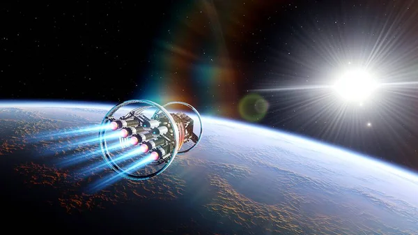 spaceship flies near exoplanet, spaceship of the future in space, ufo, spaceship in space 3d render
