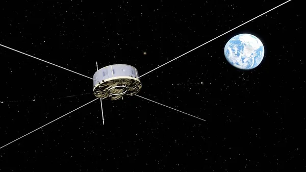 realistic satellite in orbit of the Earth, artificial satellite of telecommunications, satellite communications from Earth orbit, probe in Earth orbit 3d render