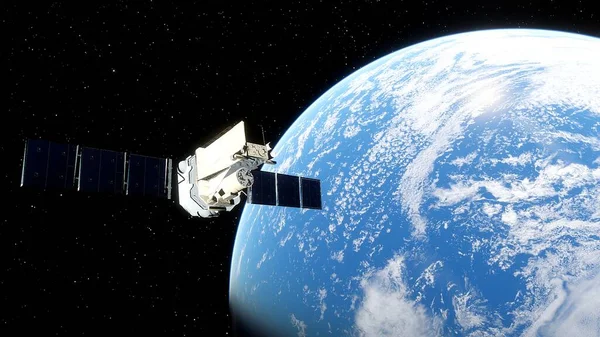 realistic satellite in orbit of the Earth, artificial satellite of telecommunications, satellite communications from Earth orbit, probe in Earth orbit 3d render