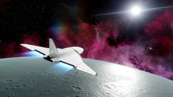 spaceship flies near exoplanet, spaceship of the future in space, ufo, spaceship in space 3d render