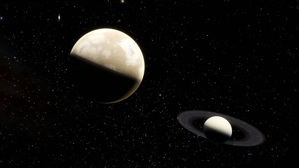 planet and satellite, planet and moon, exoplanet in deep space, exoplanet with moon, space fantasy 3D render