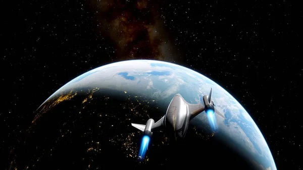 spaceship flies near exoplanet, spaceship of the future in space, ufo, spaceship in space 3d render