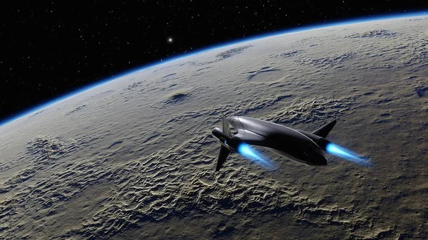 spaceship flies near exoplanet, spaceship of the future in space, ufo, spaceship in space 3d render