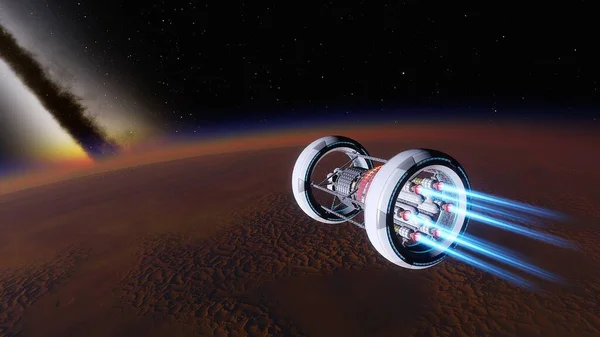 spaceship flies near exoplanet, spaceship of the future in space, ufo, spaceship in space 3d render