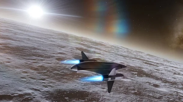 spaceship flies near exoplanet, spaceship of the future in space, ufo, spaceship in space 3d render