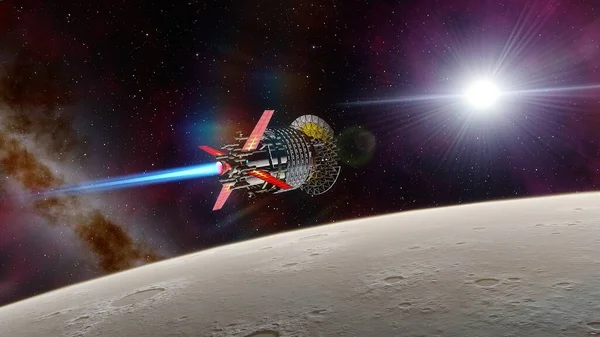 spaceship flies near exoplanet, spaceship of the future in space, ufo, spaceship in space 3d render