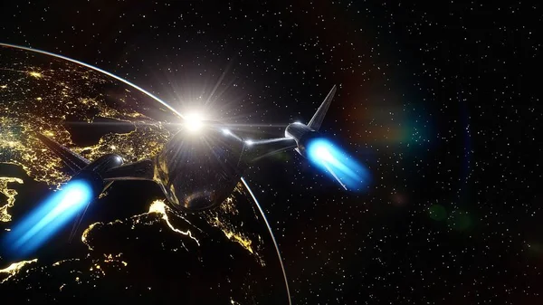 spaceship flies near exoplanet, spaceship of the future in space, ufo, spaceship in space 3d render