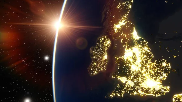 realistic night Britain from space, night England from space, night Scotland from space, London from space 3d render