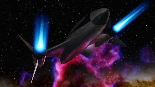 spaceship flies near exoplanet, spaceship of the future in space, ufo, spaceship in space 3d render