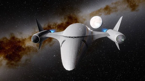 spaceship flies near exoplanet, spaceship of the future in space, ufo, spaceship in space 3d render