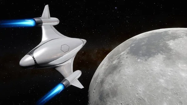 spaceship flies near exoplanet, spaceship of the future in space, ufo, spaceship in space 3d render