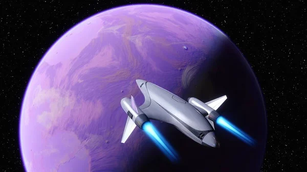 spaceship flies near exoplanet, spaceship of the future in space, ufo, spaceship in space 3d render