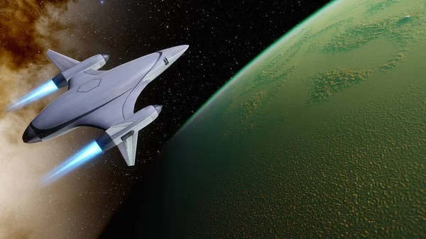 spaceship flies near exoplanet, spaceship of the future in space, ufo, spaceship in space 3d render