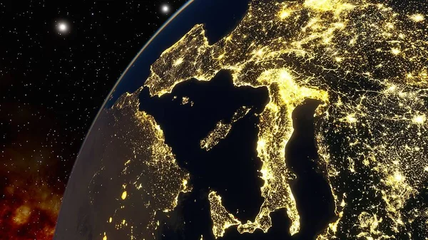 Night Europe from space, Italy from space, Europe from satellite 3D render