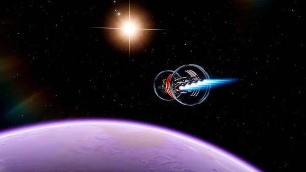 spaceship flies near exoplanet, spaceship of the future in space, ufo, spaceship in space, spacecraft flying near the planet 3d render