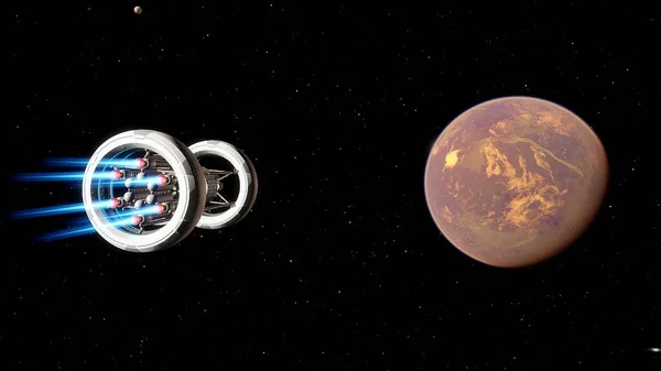 spaceship flies near exoplanet, spaceship of the future in space, ufo, spaceship in space, spacecraft flying near the planet 3d render