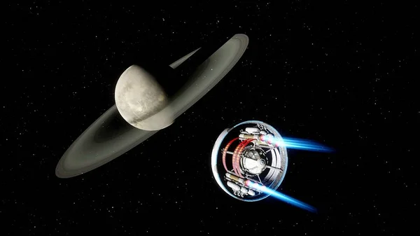 spaceship flies near exoplanet, spaceship of the future in space, ufo, spaceship in space, spacecraft flying near the planet 3d render