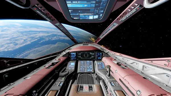 view from the cockpit of a spaceship on Earth, view from the spacecrafts cabin to Earth, cockpit spacehip background, cockpit UFO 3d render
