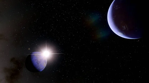 beautiful view of the exo planet in space and the surface against the background of stars and galaxies in bright colors, space fantasy, space background 3d render