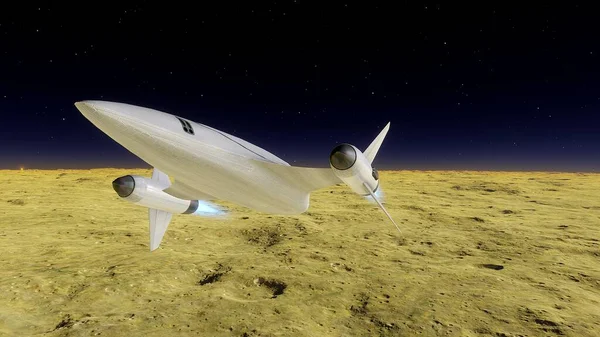 spaceship flies on a planet, space tourism, space fighter, ufo over an unknown planet 3d render