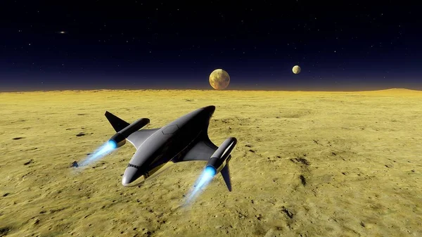 spaceship flies on a planet, space tourism, space fighter, ufo over an unknown planet 3d render