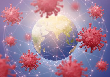 Dünyanın arka planında Coronavirus salgını ve onun bulanık hologramı 3D tonlama görüntüsünü koruyor. Bu görüntünün elementleri NASA tarafından desteklenmektedir