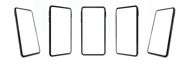 Gerçekçi model akıllı telefon boş ekran 3D görüntüleme beyaz arkaplan 6 konumunda izole edildi. kırpma yolu