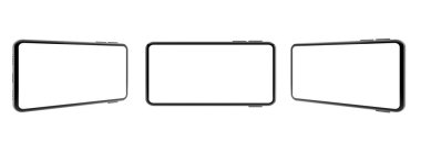 Beyaz arkaplan 3 konumunda boş ekran 3D görüntüleme ile gerçekçi akıllı telefon modeli. kırpma yolu