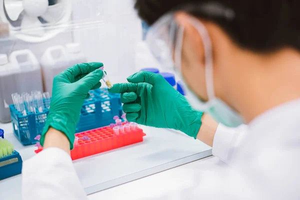 Young scientist using pipette transfer sample to Micro Centrifuge Tube for PCR test in Biosafety cabinet.