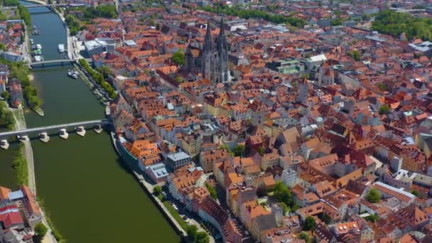 Вид Повітря Місто Регенсбург Німеччині Баварія Сонячного Весняного Дня Під — стокове відео