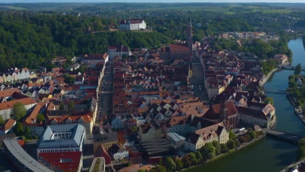 Vista Aérea Cidade Landshut Alemanha Baviera Dia Ensolarado Final Tarde — Vídeo de Stock