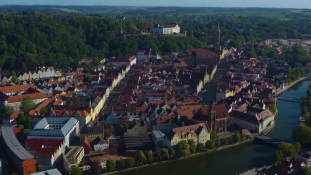 Widok Powietrza Miasto Landshut Niemczech Bawaria Słoneczny Późne Popołudnie Wiosenny — Wideo stockowe