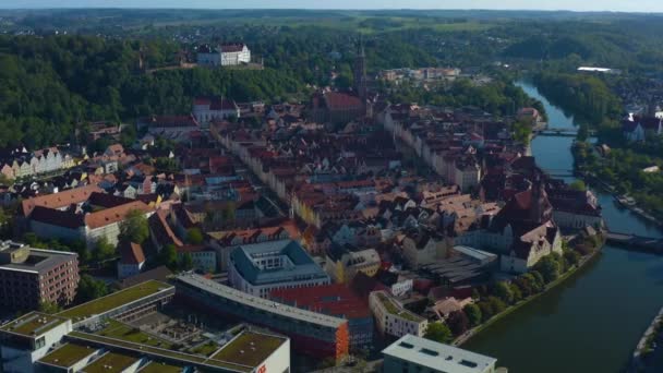 Vista Aérea Cidade Landshut Alemanha Baviera Dia Ensolarado Final Tarde — Vídeo de Stock