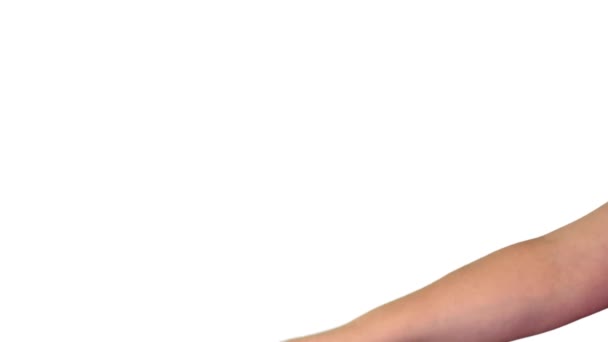 Femme signe de la main souris tombent sur écran blanc