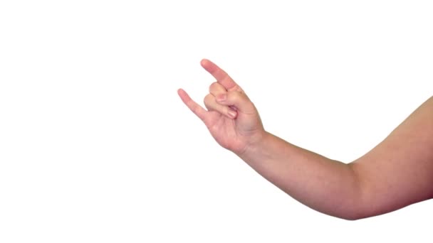 Θηλυκό Σημάδι Χέρι Κέρατα Πάνω Από Λευκή Οθόνη — Αρχείο Βίντεο