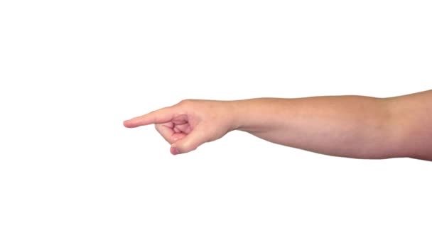  Femme signe de la main pointant sur écran blanc